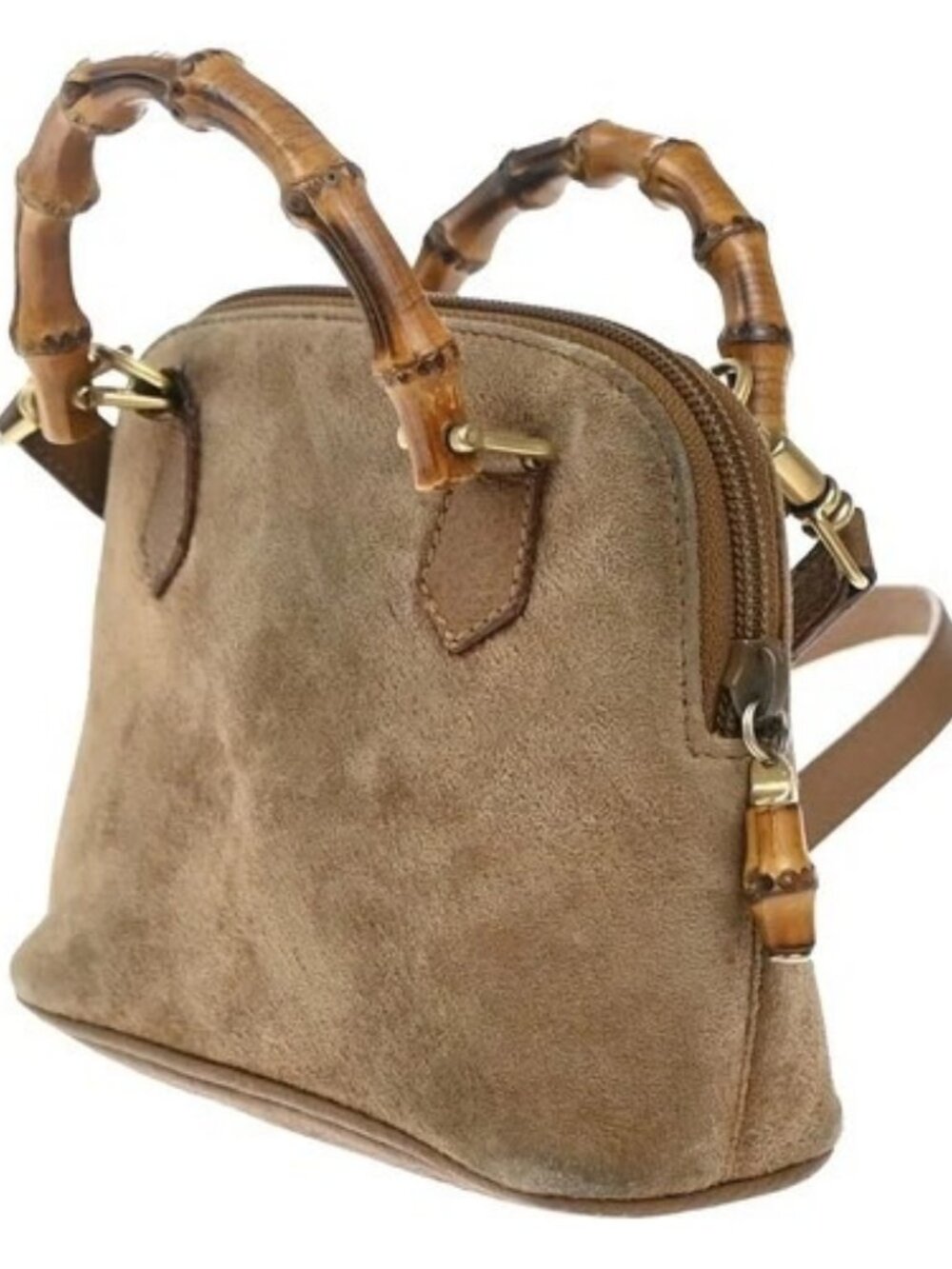 GUCCI Logo Bamboo 2Way Mini Shoulder Hand Bag Suede Leather Brown GHW 62EG353 - Picture 4 of 15